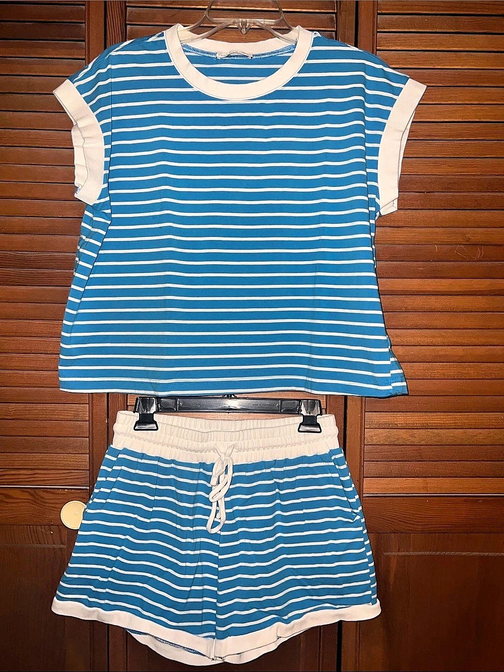 Zenana Stripe Contrast Trim Top & Shorts Set Blue & White
